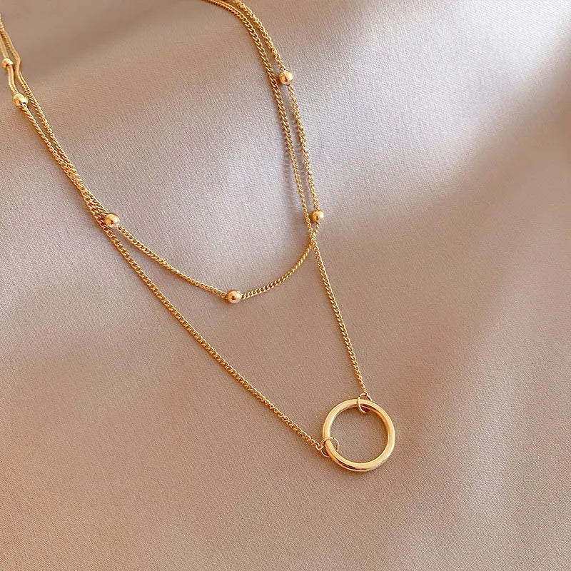 Summer Layering Jewelry Women Stainless Steel Beaded Chain Circle Necklaces