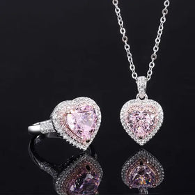 Classic Wedding Engagement Jewelry Set with Rings and Heart Necklace 925 Sterling Silver Rhodium Plated AAA Cz Stones