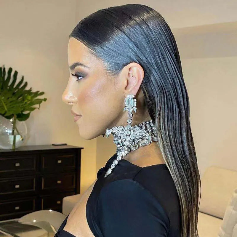 925 Silver Big Large Cross Rhinestone Earrings Statement Long Diamond Drop Earrings for Ladies T Show Jewelry