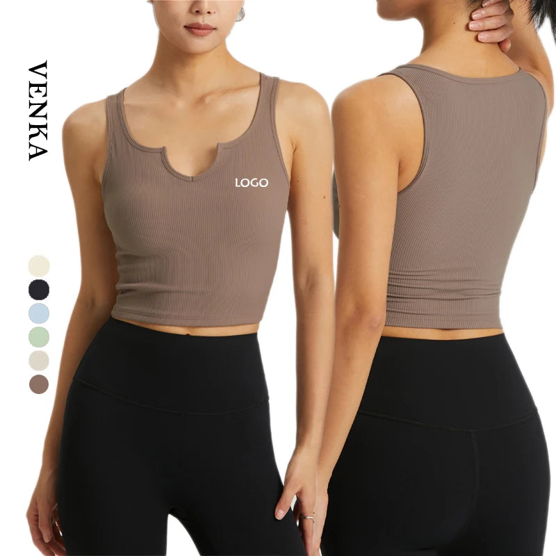 2023 New Design V Neckline Girl's Vest Ribbed Fabric High Supportive Fixed Pad Women Running Sports Bra