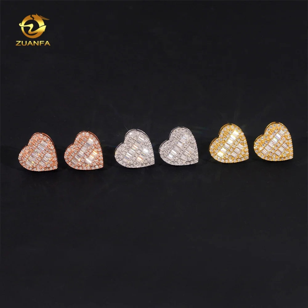 Luxury Big Baguette Diamond Stud GRA Certificate Hip Hop 925 Sterling Silver Moissanite Heart Earrings