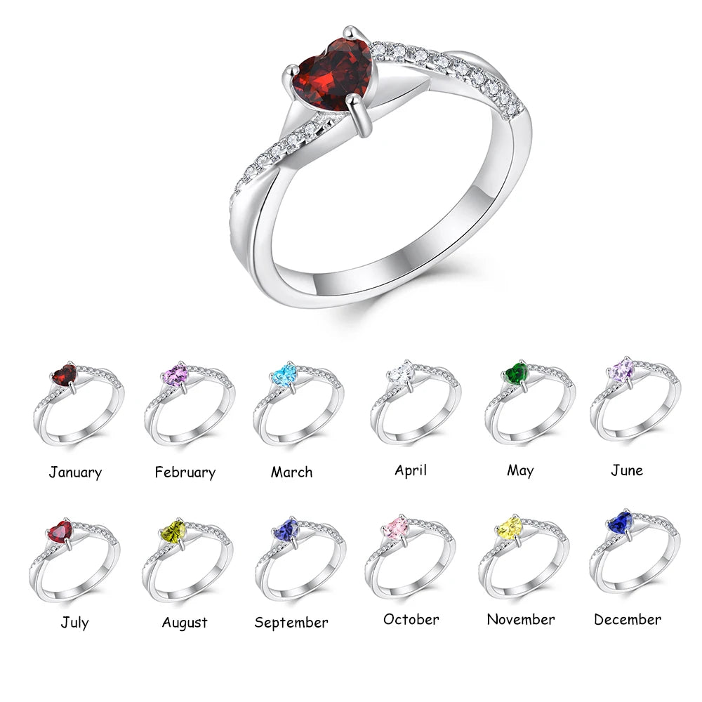 Custom Jewelry Rhodium Plated Birth Stone Heart 12 Color CZ 925 Sterling Silver Zircon Zodiac Wedding Party Ring