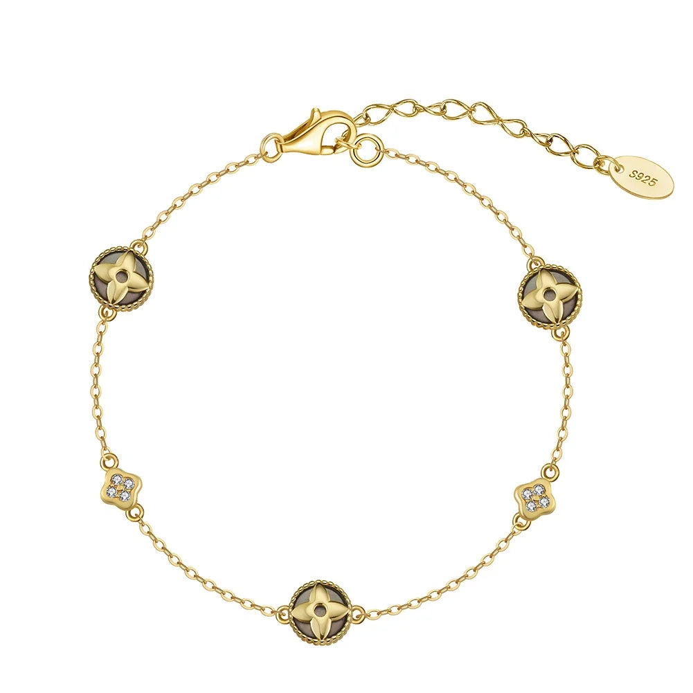Rinntin GMB71 Sterling Silver Bracelet Gold Four-Leaf Clover Bracelet Mother-of-Shell Pearl Bracelet Female Fashion Style