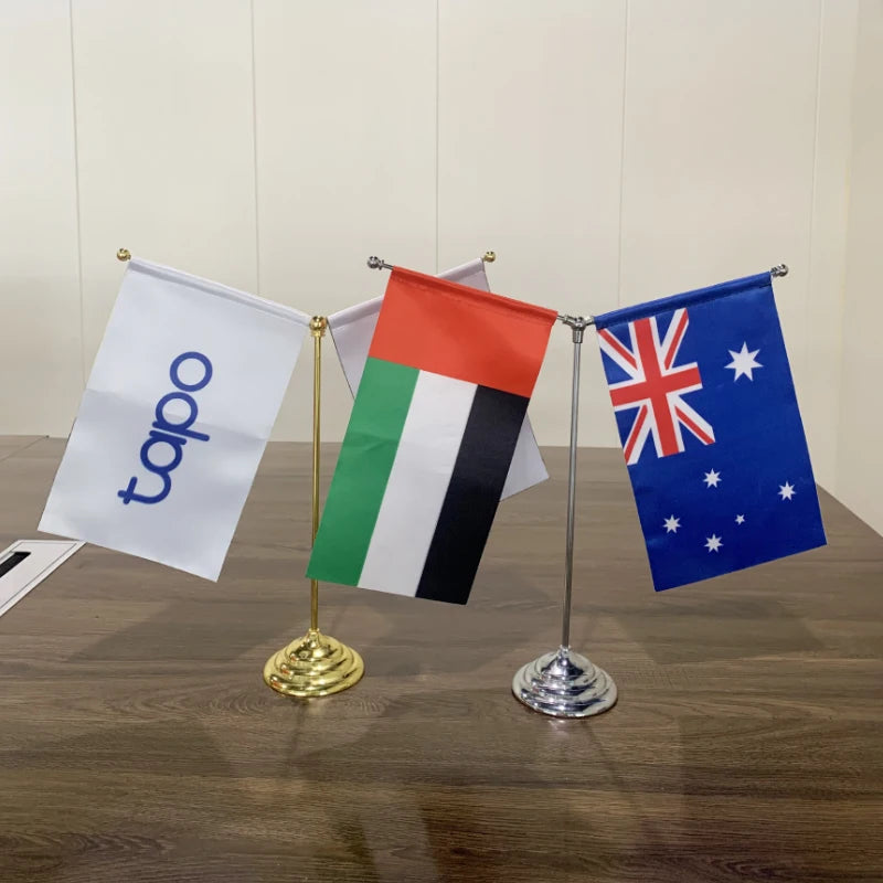 Wholesale Custom Double Stainless Steel Pole Desk Stand with Stand Base for Advertisement Campaign Decoration