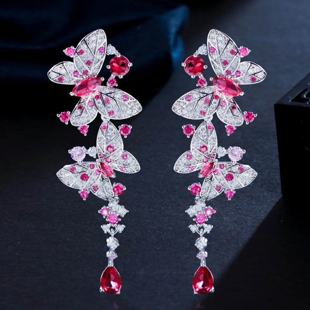 Elegant Design Shiny Pink Red Cubic Zircon Long Dangle Butterfly Earrings Luxury Women Party Wedding Jewelry Accessories Gift