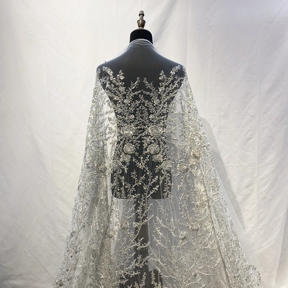Custom Wholesale Price Silver Beaded Embroidered Lace Fabric 3D Sequins French Tulle Wedding Lace Fabric