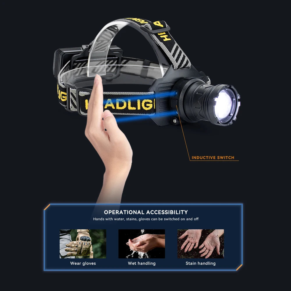 Waterproof Night Fishing Exploration Headlamp with Dual White Yellow Light Sources New Long Range Strong Light Sensor Headlamp