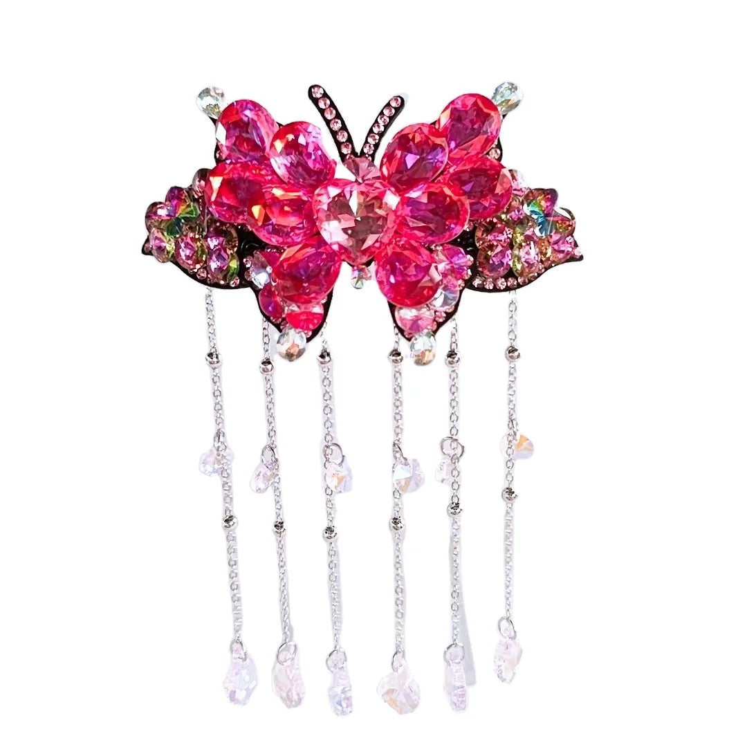 HXN-029 New Antique Super Immortal Crystal Flower Pattern Tassel Bow Knot Spring Clip Fashion Hairpin Headwear Accessories 4