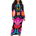 Promotional Women's Neck Long Sleeve Mexico Flower Letter Woven Dresses Natural Club Party Evening Elasticity Maxi Bulk