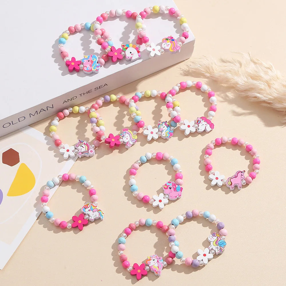 Fashion Cartoon Students Bracelet Cute Unicorn Pendant Colorful Wooden Beaded Bracelets for Kids