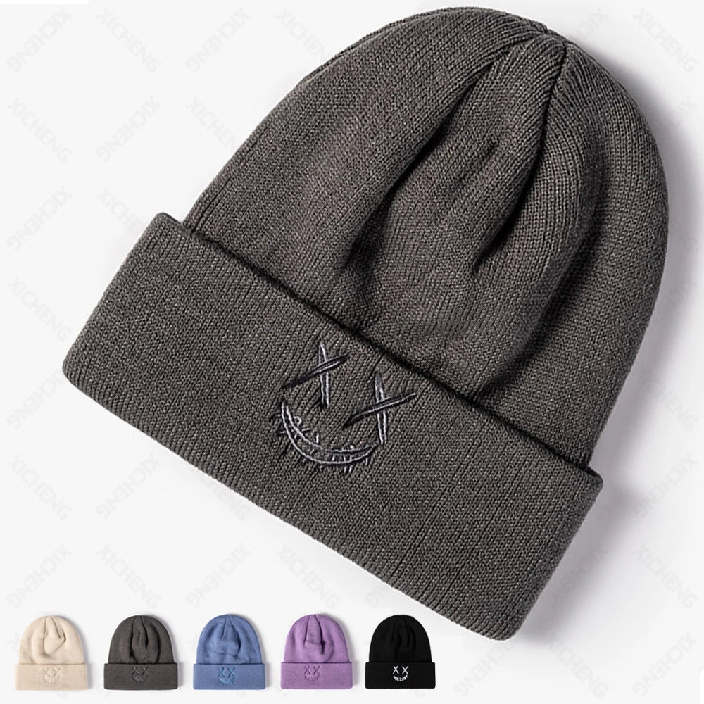 Wholesale Winter Warm Custom Cartoon Smile Face Embroidered Logo Beanie Ski Knit Hats High Elastic Acrylic Plain Caps