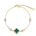 GMB69 Natural Stone Four Leaf Clover Shape Malachite with Shell Pearl 925 Sterling Silver Chain Natural Bracelet for Women