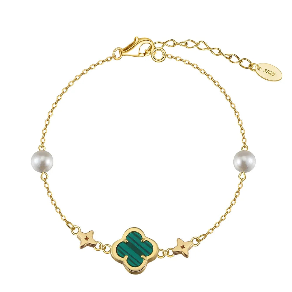GMB69 Natural Stone Four Leaf Clover Shape Malachite with Shell Pearl 925 Sterling Silver Chain Natural Bracelet for Women