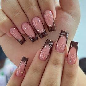 Newest Design Long Square False Nails Tips Top Paint Black Pink Heart Diamond Handmade Some Point Silk Scarf Press on Nails