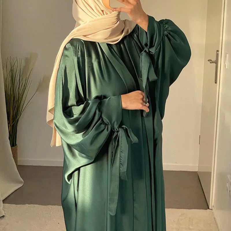 Elegant 2 Piece Abaya Set Shiny Satin Kimono Match Slip Inner Dress EID Islamic Clothing Tie Cuff Sleeve Abaya