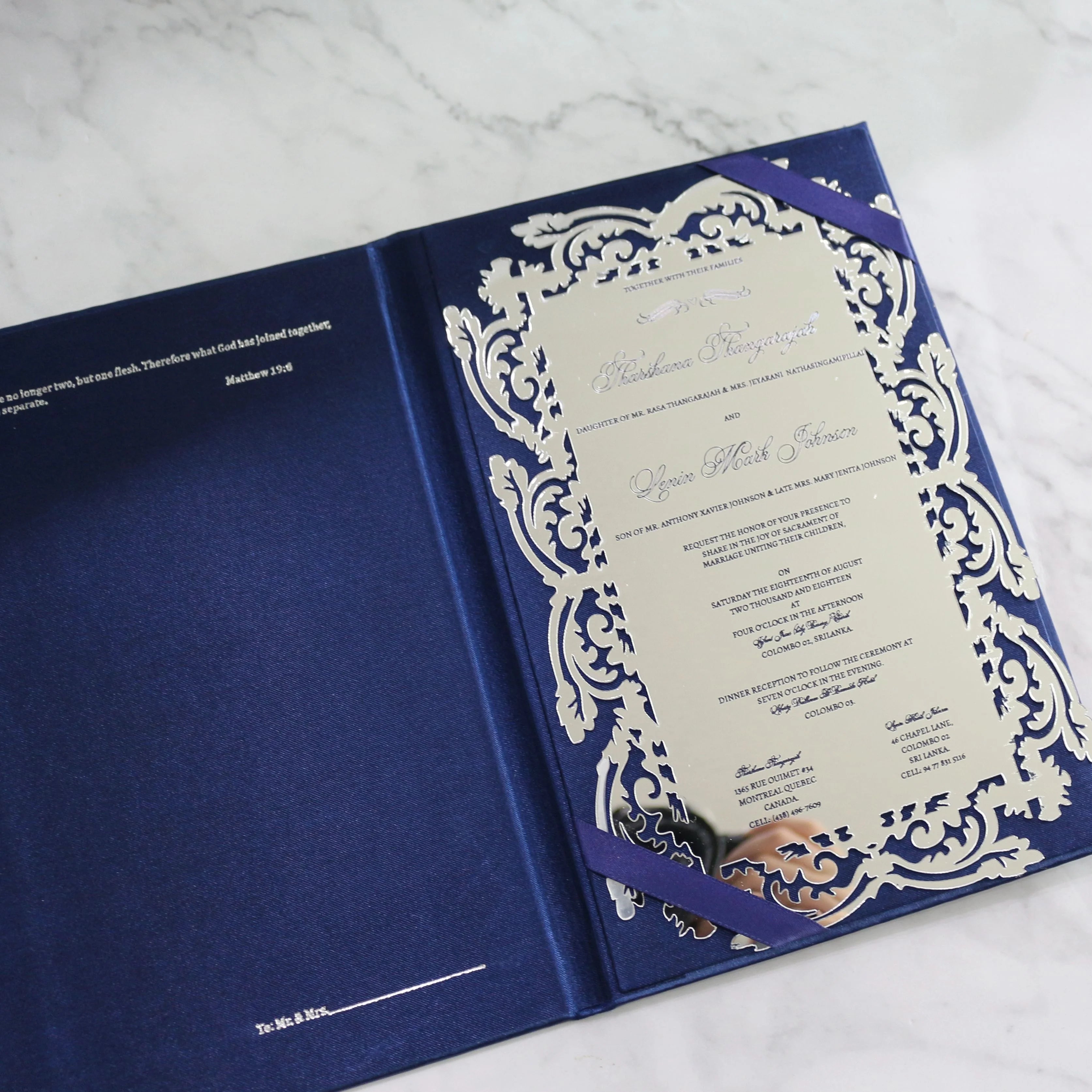Blue Silk Hardboard Wedding Invitation with Laser Cut Silver Mirror Acrylic Wedding Card