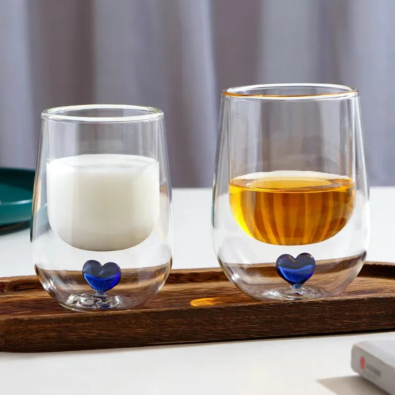 150ml 5oz Double Wall Insulated Glass Coffee Cup OEM ODM Available Round clear Water Juice Tumbler With 3D Heart Shape Inside