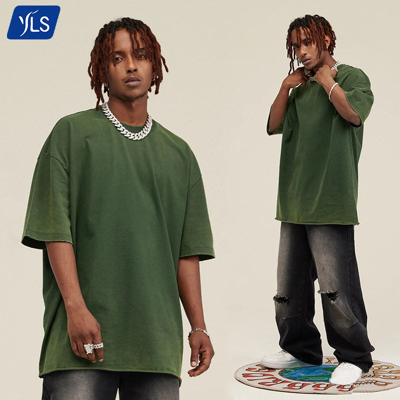 YLS Custom Embroidered Oversized Street Wear T-Shirt 285 Gsm Heavy Weight 100% Cotton Vintage Wash ODM/OEM