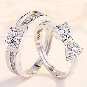 2pcs/Set Adjustable Size Silver Couple Ring for Engagement Wedding Elegant Finger Bow Crystal Ring Couple Lover Ring