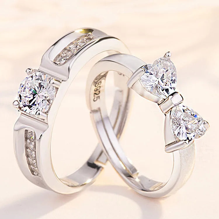 2pcs/Set Adjustable Size Silver Couple Ring for Engagement Wedding Elegant Finger Bow Crystal Ring Couple Lover Ring