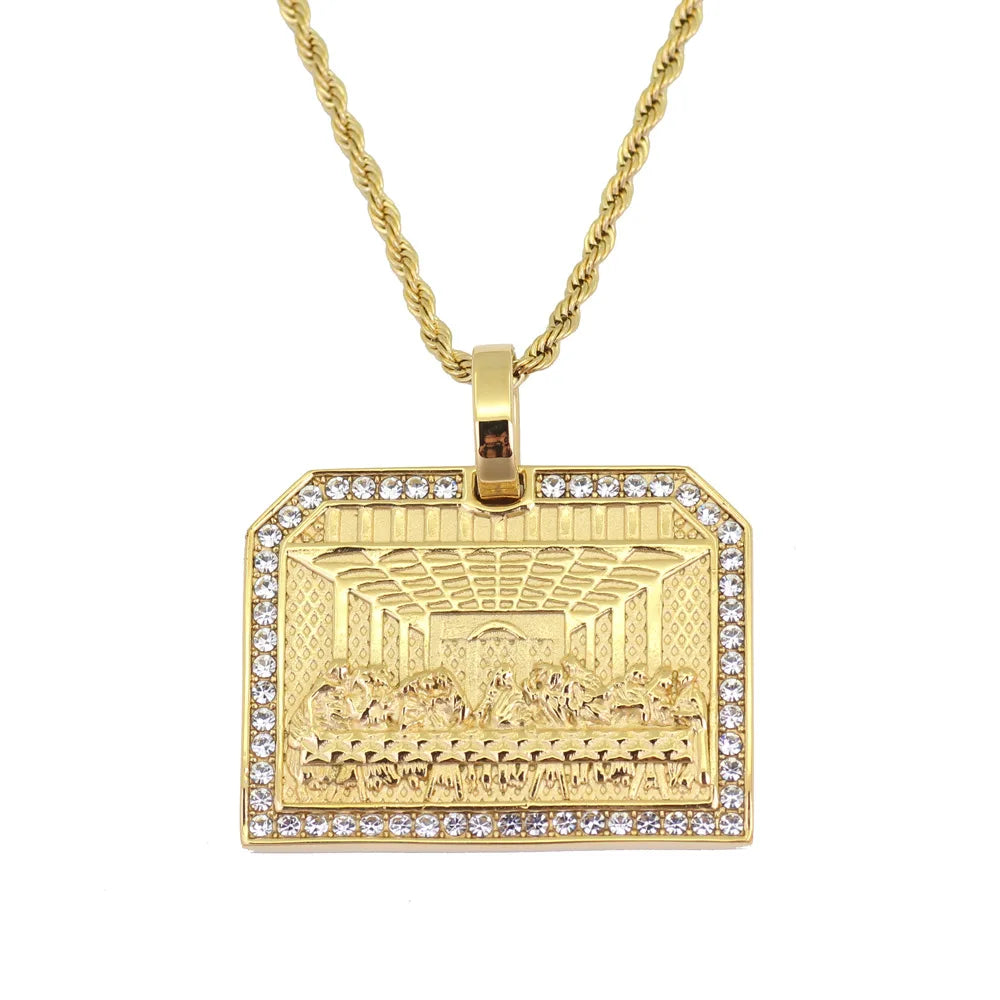 Symbolical Talismanic Last Supper Religious Necklace Pendant Women/Men Gold  Jesus Jewelry Rhinestone Necklaces