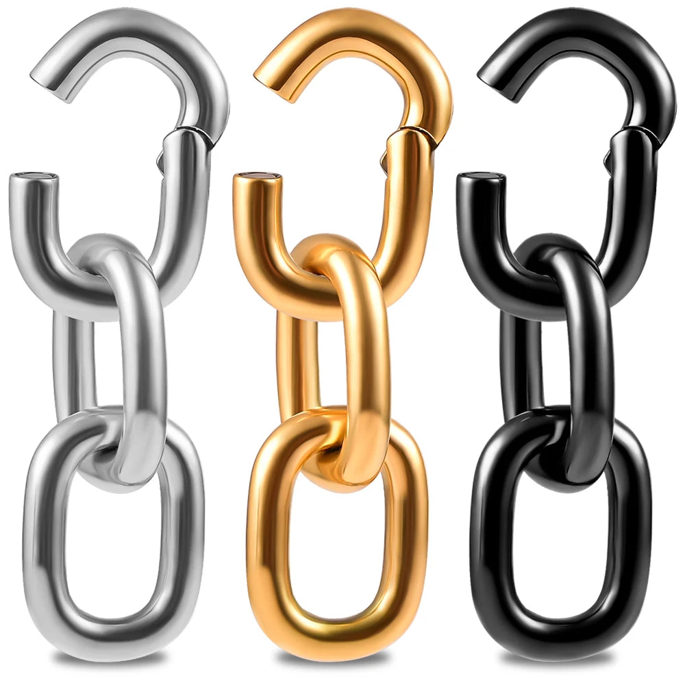 Evorte Classic 316L Surgical Steel 4mm Tri Chain Gold Plated Ear Hanger Weights Drop Dangle Long Earrings Gauges Expander Ear