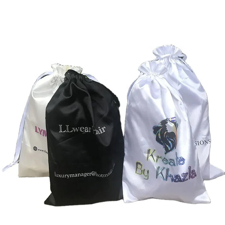 Custom Color Printing Soft Silk Drawstring Dust Pouch Bag Satin Bags for Hair Packaging