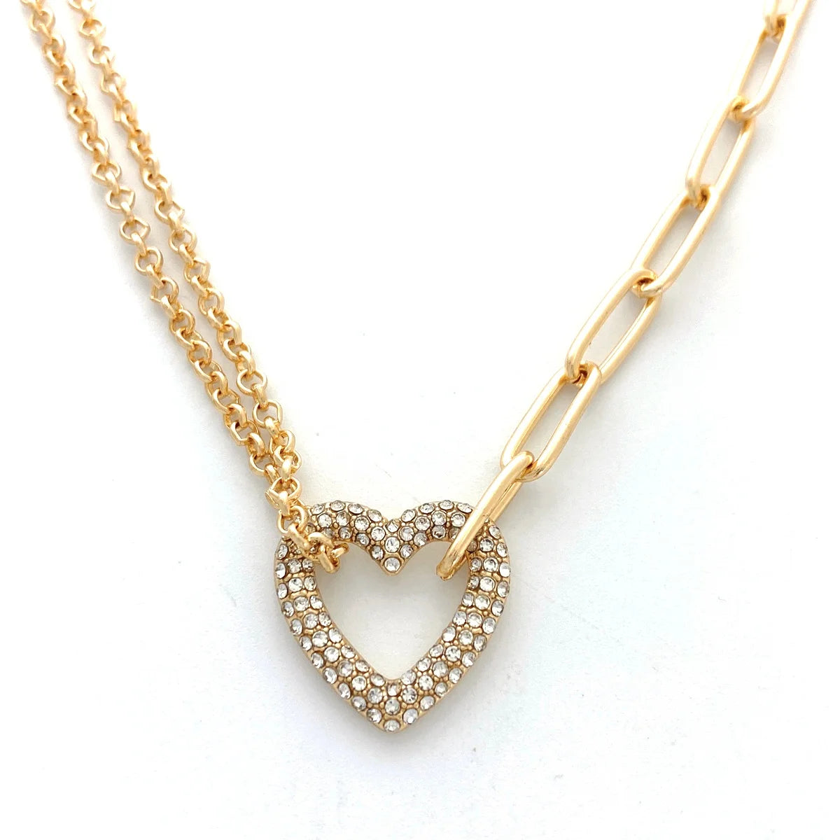 New Trend Charming Fashion Jewelry Gold Plated Alloy Heart Shape Rhinestone Link Chain Pendant Necklace for Women