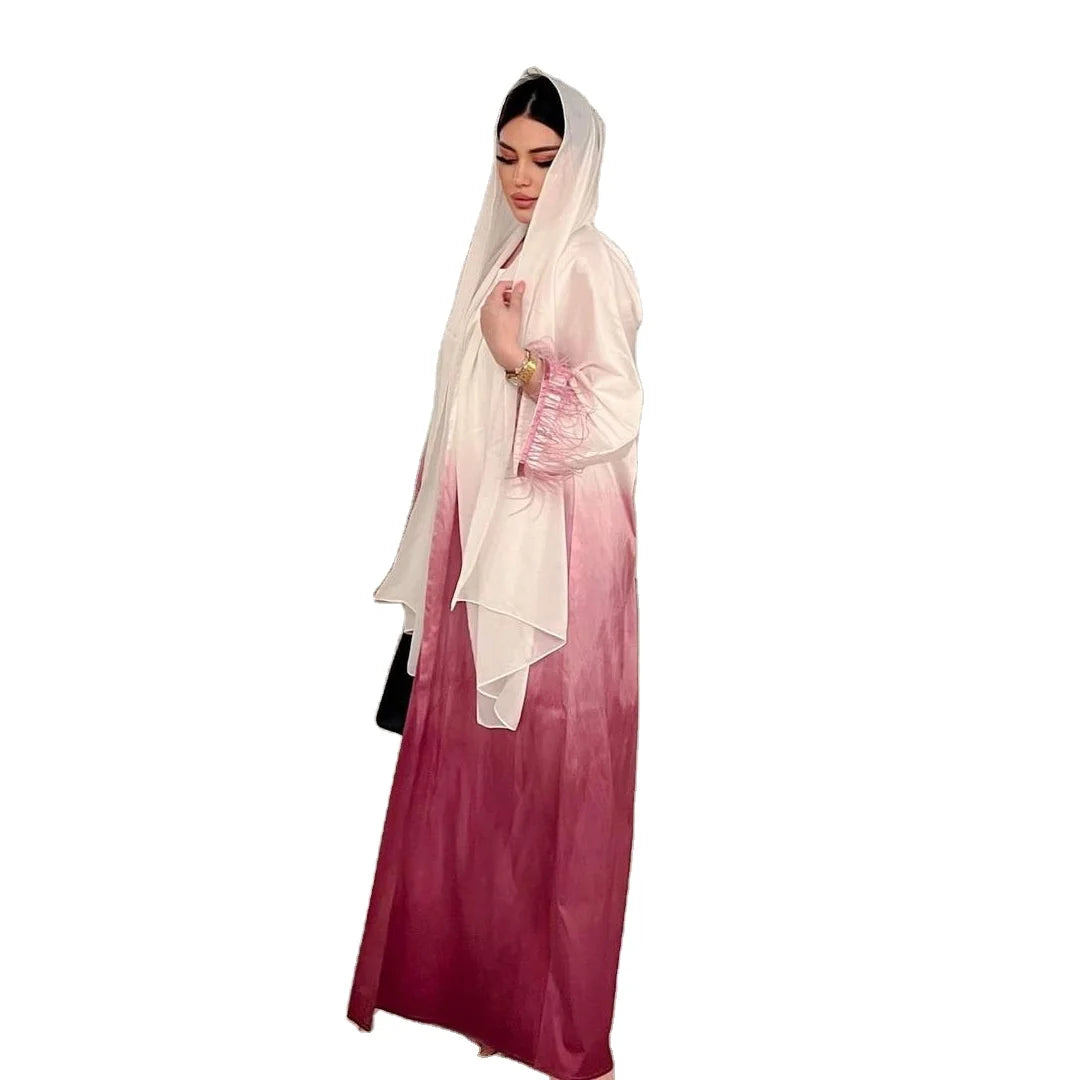 Feather Cuff Gradient Color Satin Fabric Out Abaya With Inner Dress Ramadan Elegant Abaya Two-piece Set