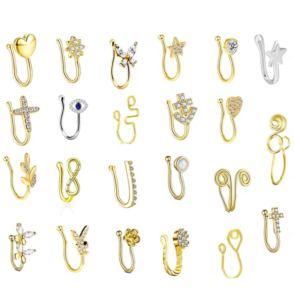 Wholesale Gold Non-Pierced Fake Nose Ring Zinc Alloy Adjustable Nose Cuff Clip on Body Jewelry Heart Star Butterfly Designs
