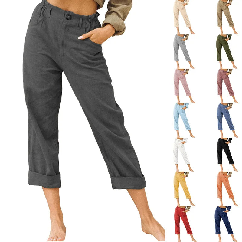 10%OFF S-3XL New Summer Solid Color Cotton Linen Fashion Loose High Waist Casual Trousers