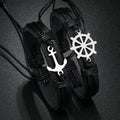 2023 New Design Stainless Steel Rudder Anchor Woven Leather Bracelet Men's Fashion Cuff Bangle with Metal Helm Charm Jewelry