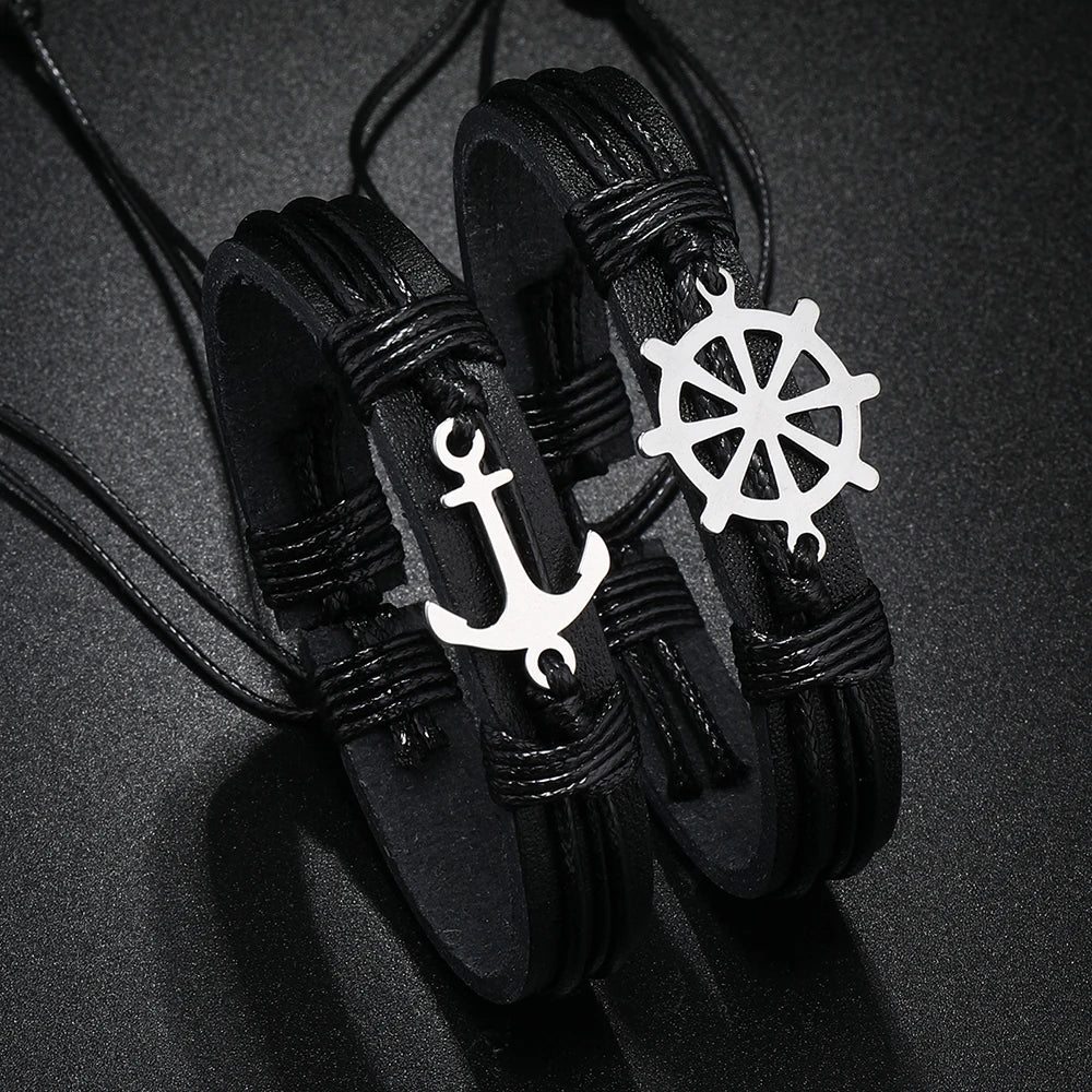 2023 New Design Stainless Steel Rudder Anchor Woven Leather Bracelet Men's Fashion Cuff Bangle with Metal Helm Charm Jewelry