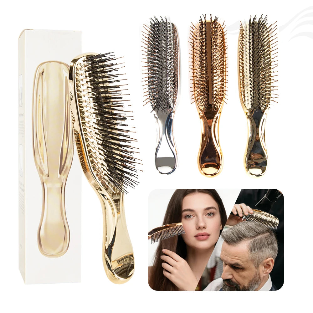 Electroplated Static Free Curly Smoothing Hair Brush Blow Drying Gold Tangle Free Plating Detangling Hair Brush for Thick Hair