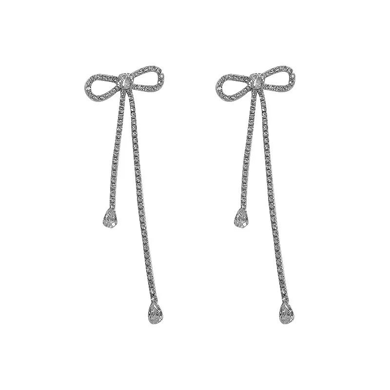 AA016175 Simple Cute Shiny Full Crystal Rhinestone Bow Tie Shaped Long Tassel Stud Earrings for Women Girls Jewelry