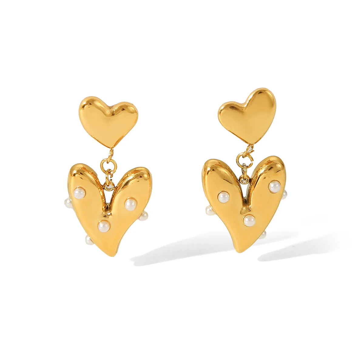 Luxury 18K Gold Plated Stainless Steel Love Heart Temperament Heart-Shaped Pearl Eardrops Dangle Earrings for Girls