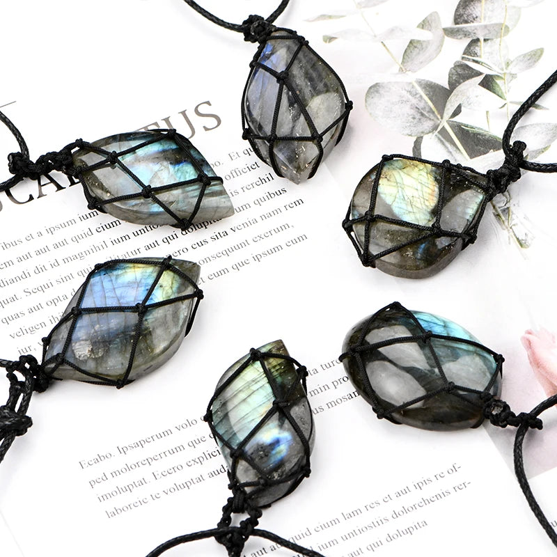 High Valued Adjustable Labradorite Pendant High Flash Labradorite Irregular Hand Knot Gemstone Pendant