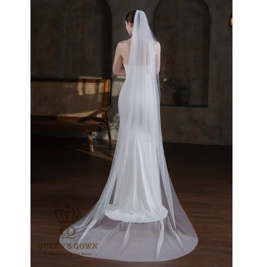 QUEENS GOWN Retro French Bridal Veil High Quality Soft Mesh Drill with Long Train Wedding Dress Accessory