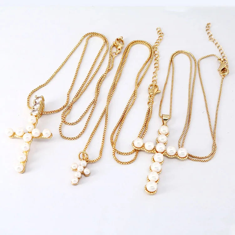 NZ1170 NEW 18K Gold Plated Brass CZ Micro Pave Charm Christian Religious Shell Pearls Cross Pendant Necklaces