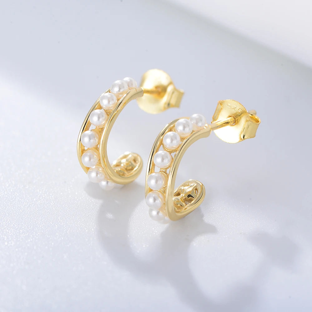 925 Sterling Silver 14K Gold Plated Round Hollow Natural Pearl Long Drop Earring
