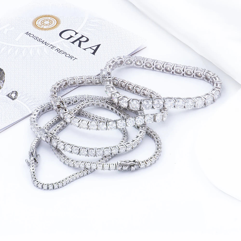 VVS. Graded Iced 2-6mm Moissanite Diamond Classic Jewelry 925 Sterling Silver Mossanite Tennis Chain Bracelet Gift 6in to 8in