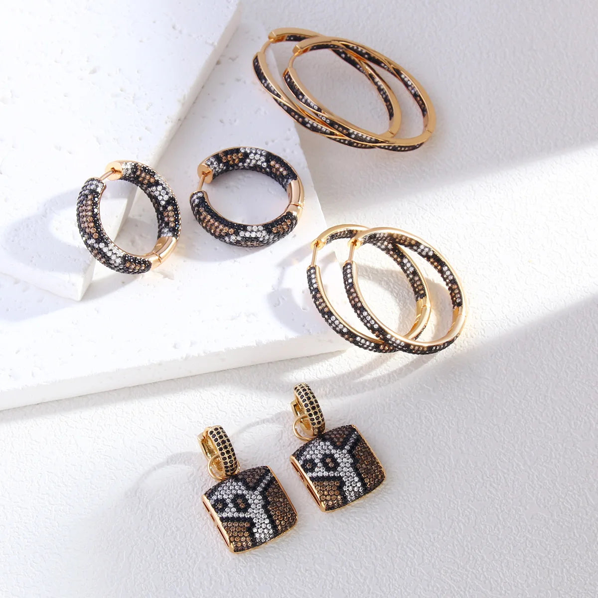 Cubic Zirconia Brass Metal Ear Jewelry Pendant Drop Big Leopard Print Earrings