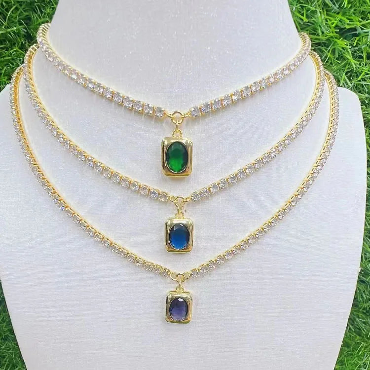 NZ1368 New 18k Gold Plated Multicolored Cubic Zirconia CZ Diamond Rectangle Medal Charm Pendant Tennis Chain Choker Necklace