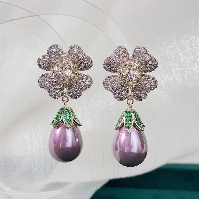 SENYU Beautiful Pink CZ Big Flower Dangle Earrings Fashion Imitation Water Drop Purple Pearl Paved Cubic Zirconia Jewelry