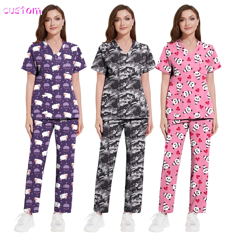 Custom Doctor Nurse Suit Nursing Sets Printed Pattern Breathable Hospital Uniform Fabric Medical Scrubs Uniforms Sets