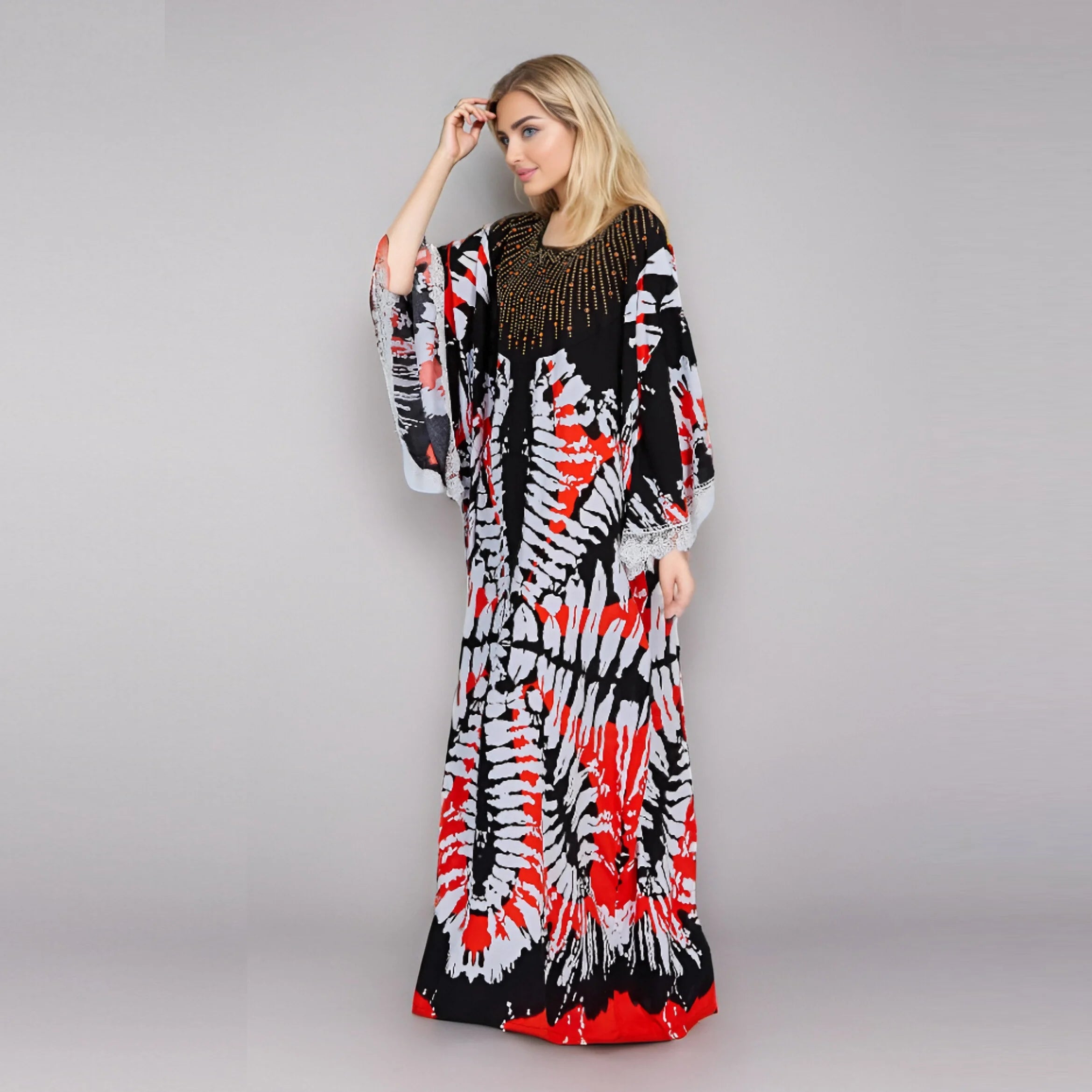 Women Muslim Elegant Tie Dye Rhinestones Appliques Long Sleeve Lace Trim Floor Length Kaftan Abaya Robe Dress