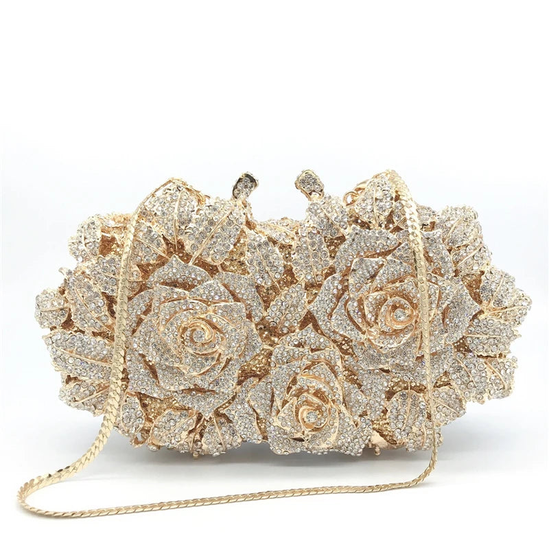 Fashion Bling Crystal Roses Rhinestone Luxury Evening Clutch Bag with Metal Chain for Women Wedding Party Small Capacity