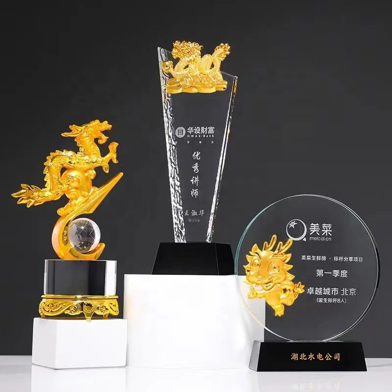 Newest 2024 Dragon Design Crystal Metal Trophy Anniversary Meeting Souvenir Gifts Office Decoration