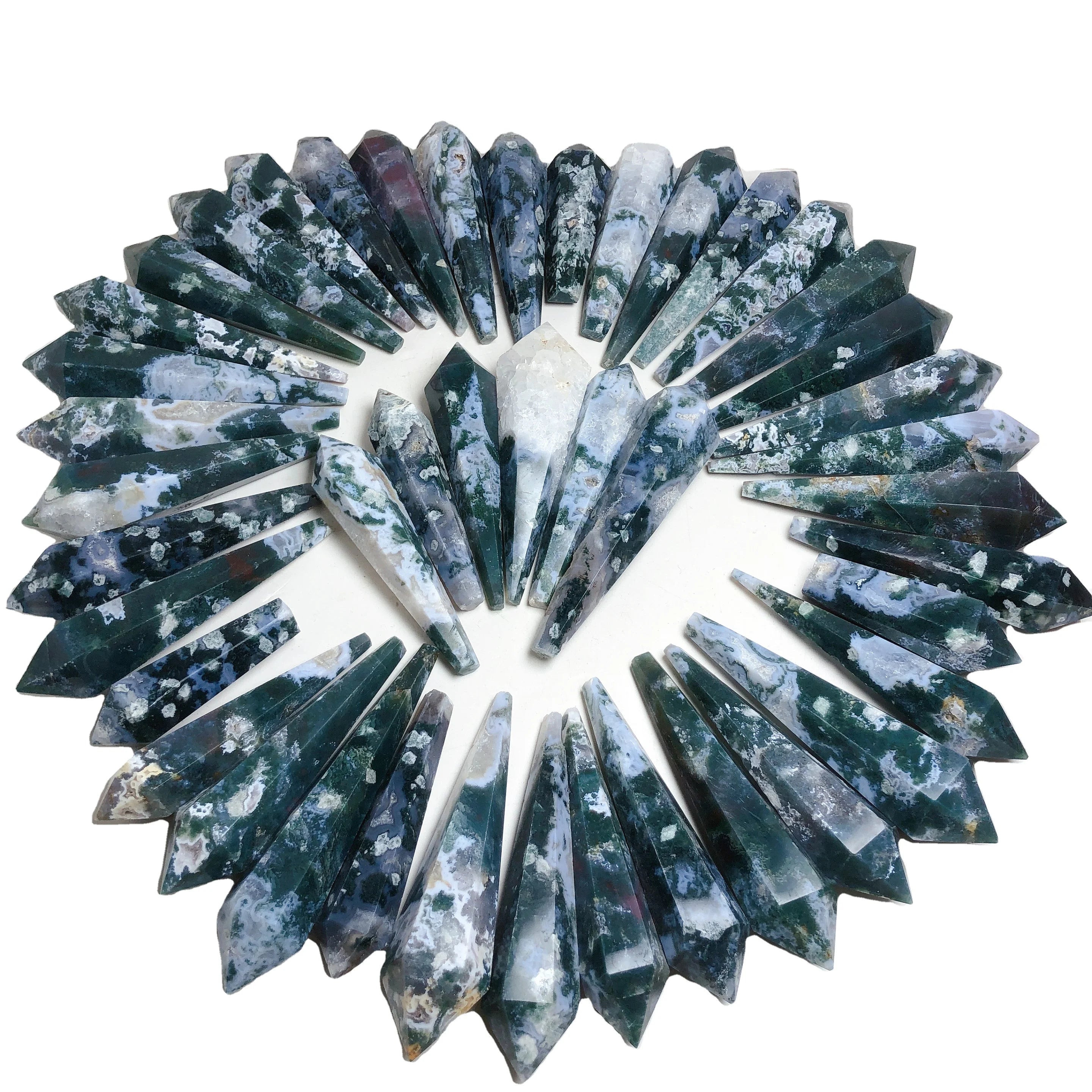 Wholesale Natural Crystal Point Wand Precious Stone Moss Agate Duzy Pendulum for Decoration