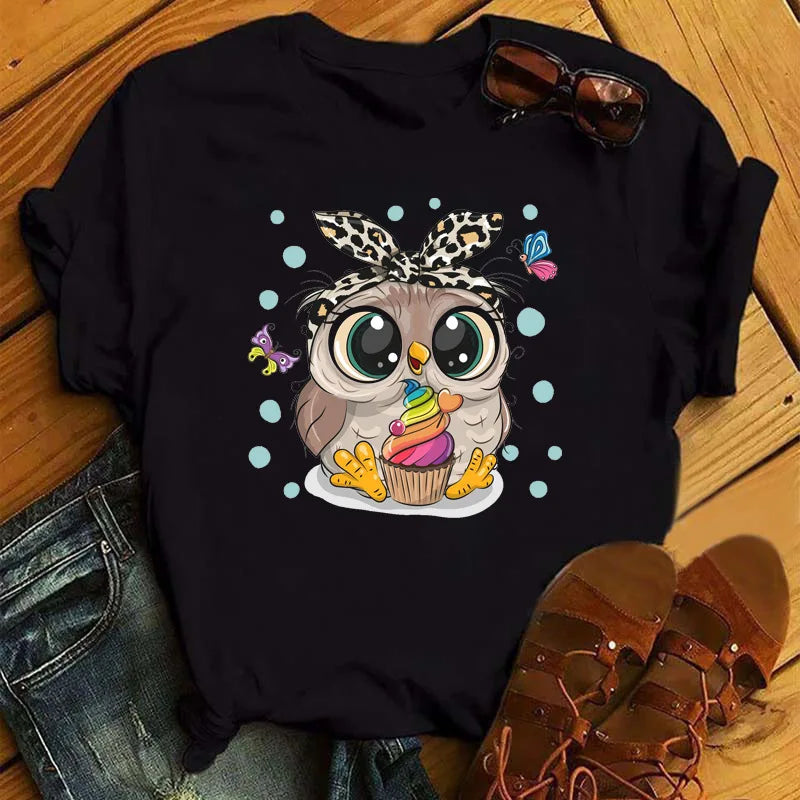 Custom Cartoon Owl Print T Shirt Women Kawaii Graphic Shirts Casual Short Sleeved Black Female Tee O-neck Harajuku T-shirts